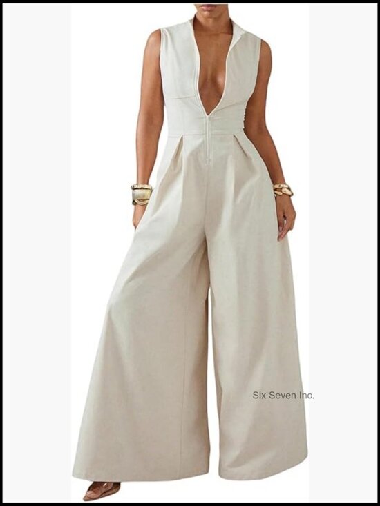 Pants - Zipper Front Wide Leg Jumpsuit Mock Neck Sleeveless Elegant Romper